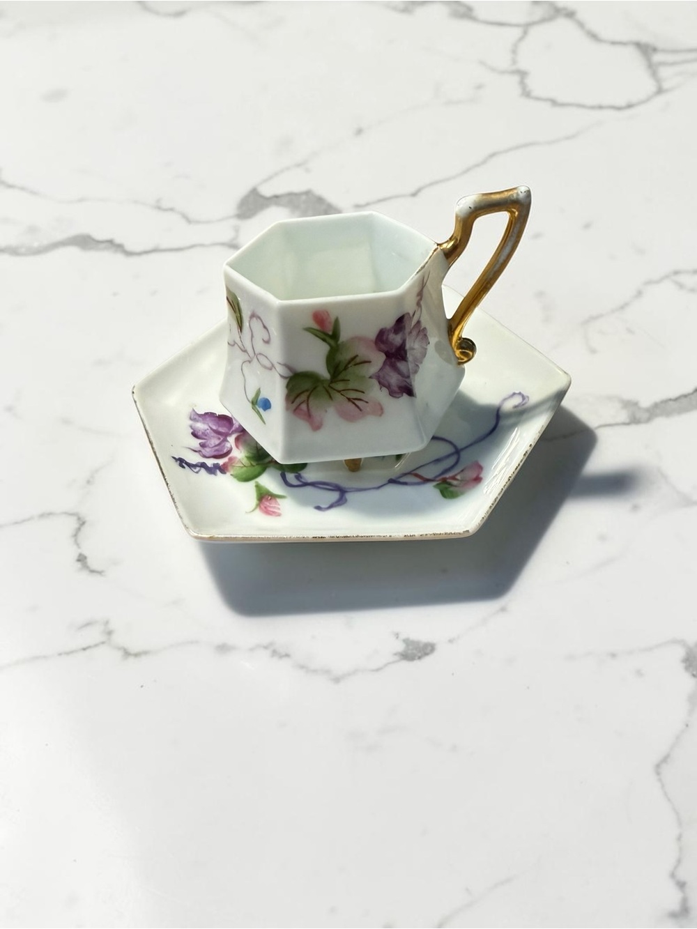 Vintage Japanese Hand-Painted Hexagonal Demitasse Teacup and Saucer Set, Floral